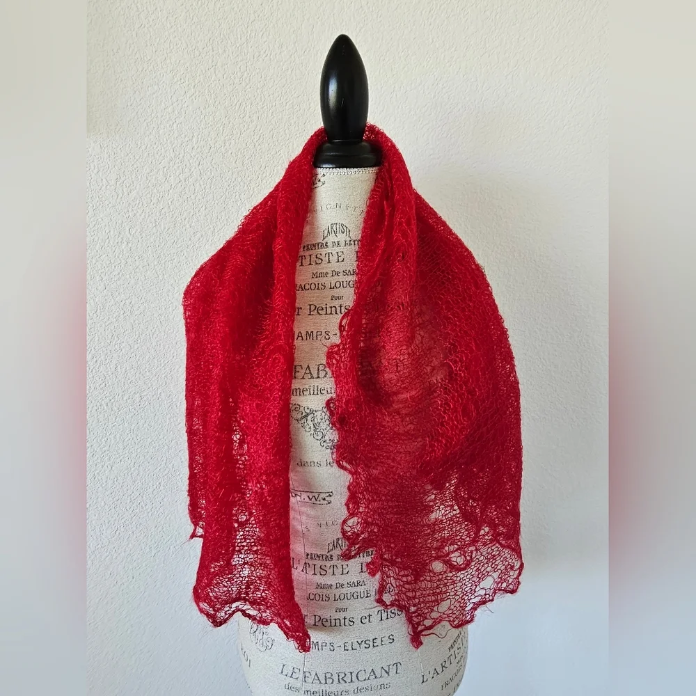 Vibrant Red Orenburg Russian Lace Scarf - Gossamer Goat Down Pautinka Stole